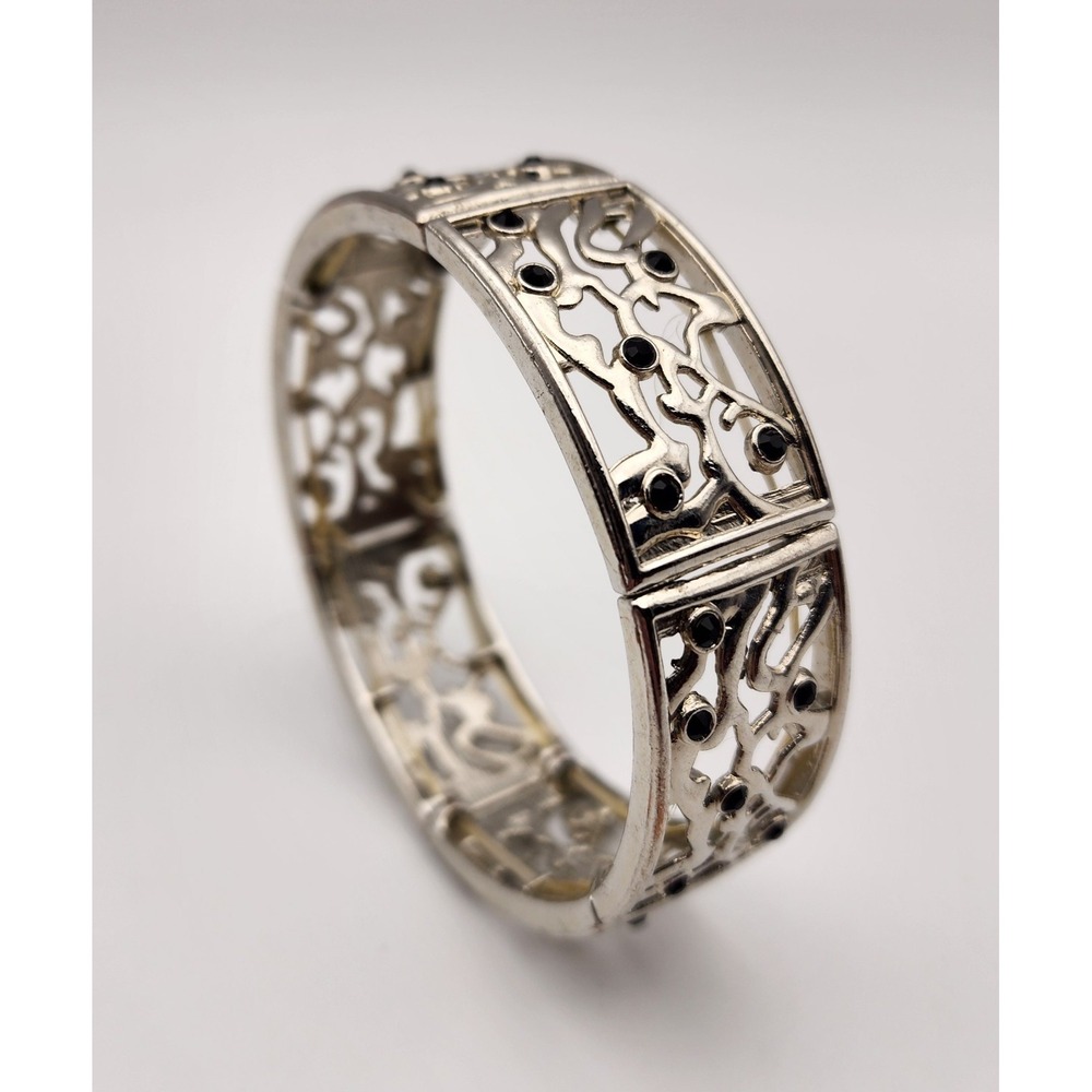 Women's stainless steel cuff bracelet with black beading expanding, OS - Picture 4 of 9